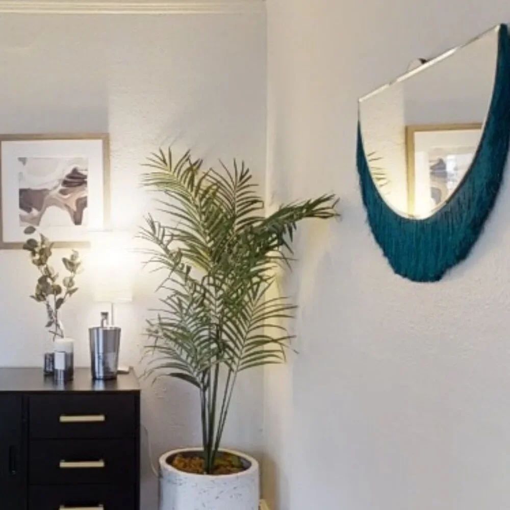 Unique NEW IN BOX Gorgeous Boho Mod Teal Fringe Half Moon Beveled Wall Mirror